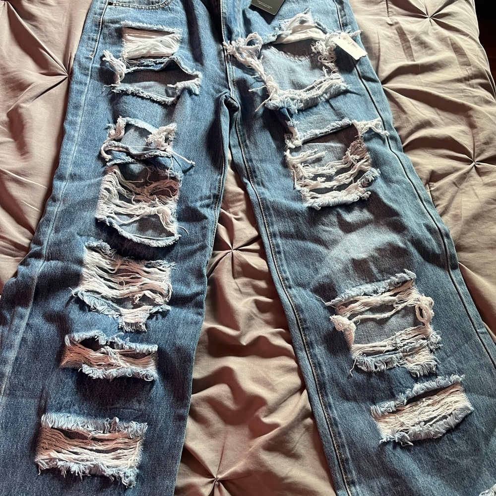 American Bazi Blue Distressed Straight Leg Jeans